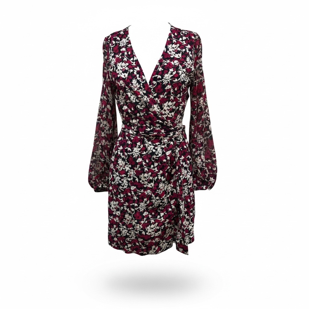 Diane Von Furstenberg Burgundy & White Floral Wrap Dress/ Size 6/ Sheer sleeves